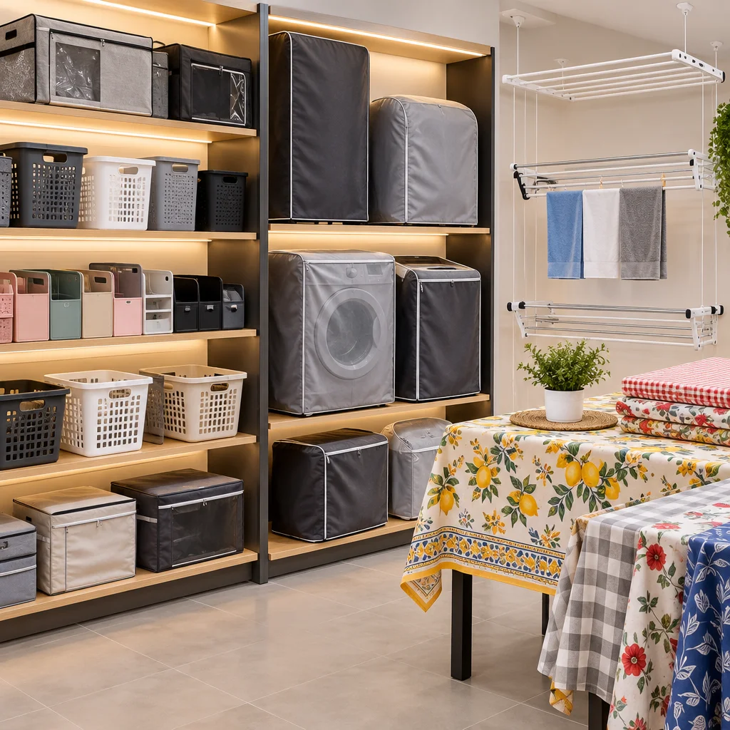 Prateleiras iluminadas com organizadores de lavanderia, capas de eletrodomésticos, varais suspensos e toalhas de mesa estampadas