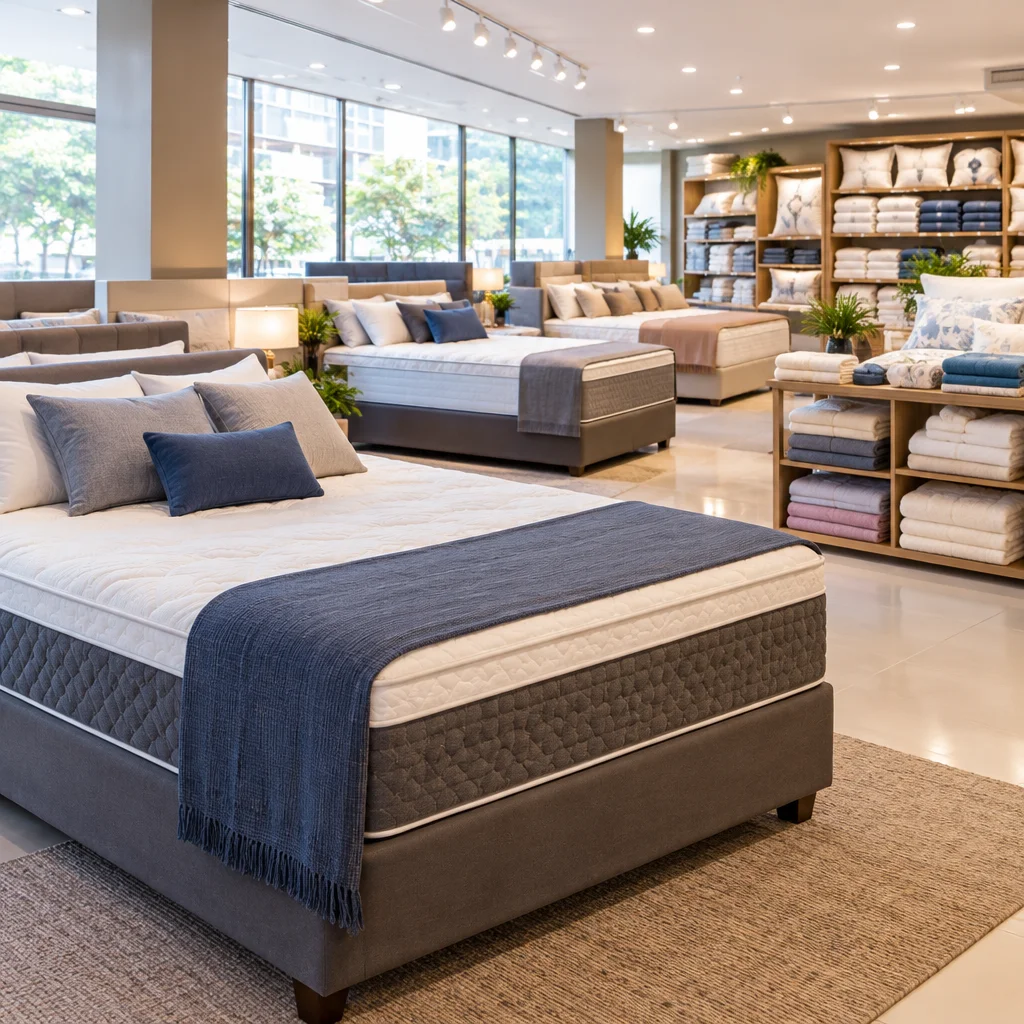 Mostruário amplo de colchões ergonômicos e conjuntos de cama e banho em ambiente iluminado de loja